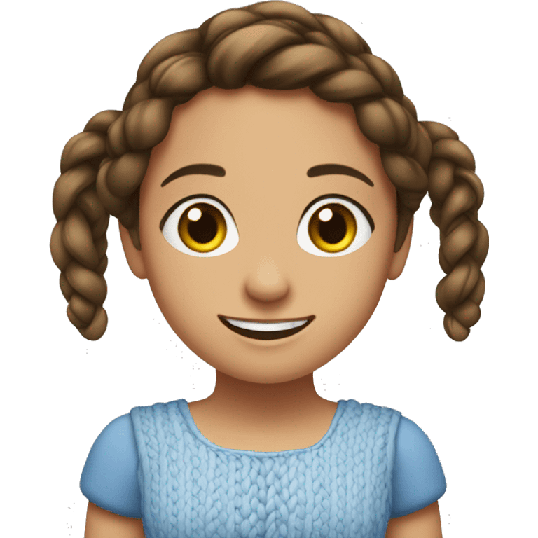 The girl is brunette, with braided hair, brown eyes, smiling. She is wearing a blue dress emoji