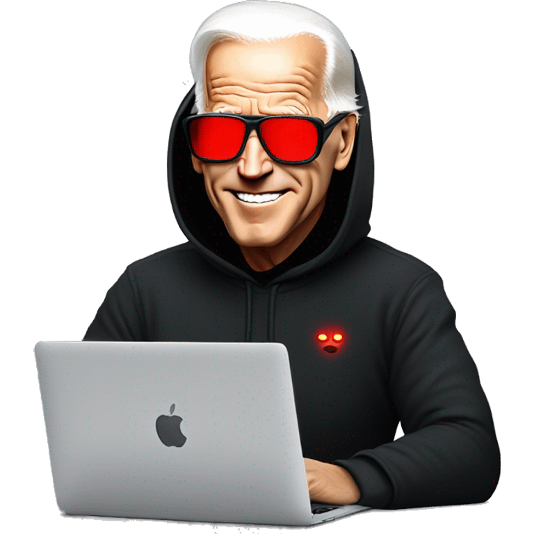 joe biden in a black hoodie with bright red glowing laser eyes typing on a macbook, joe biden emoji