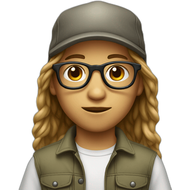 young boy with long hair and cap and Cargo pants and have glasses emoji