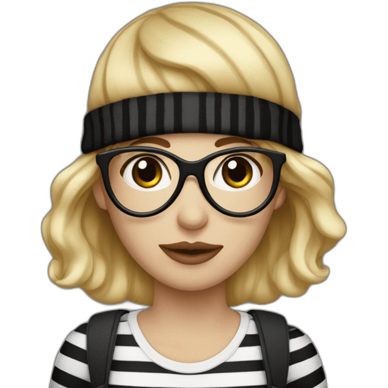 blonde woman in fully black beanie hat, black eye mask and striped shirt emoji