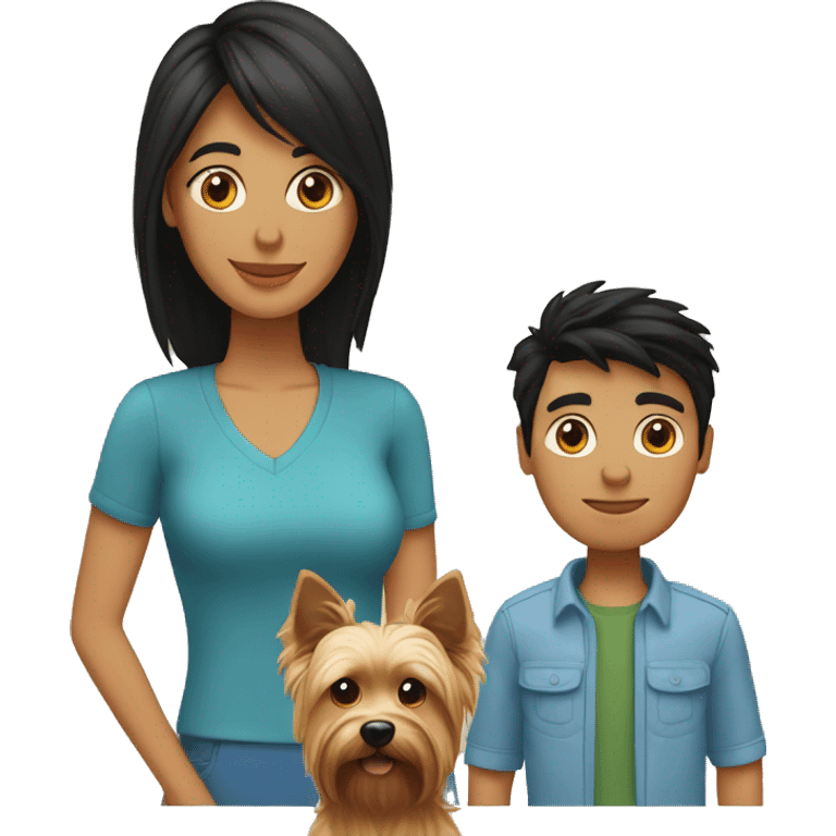 Dad with black hair,mom with black hair,son with blond hair and Yorkshire Terrier dog emoji