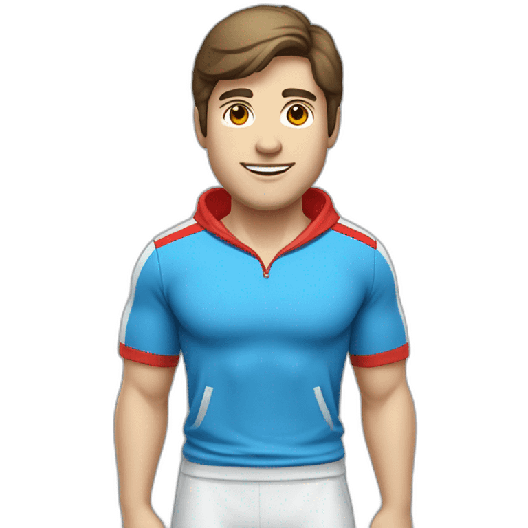 retro 70s blue and red gym clothes for a modern white brunette uni male student with glass emoji