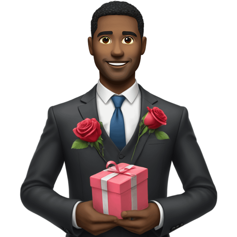 Hyper Realistic handsome man in suit holding roses and a heart shaped gift box emoji