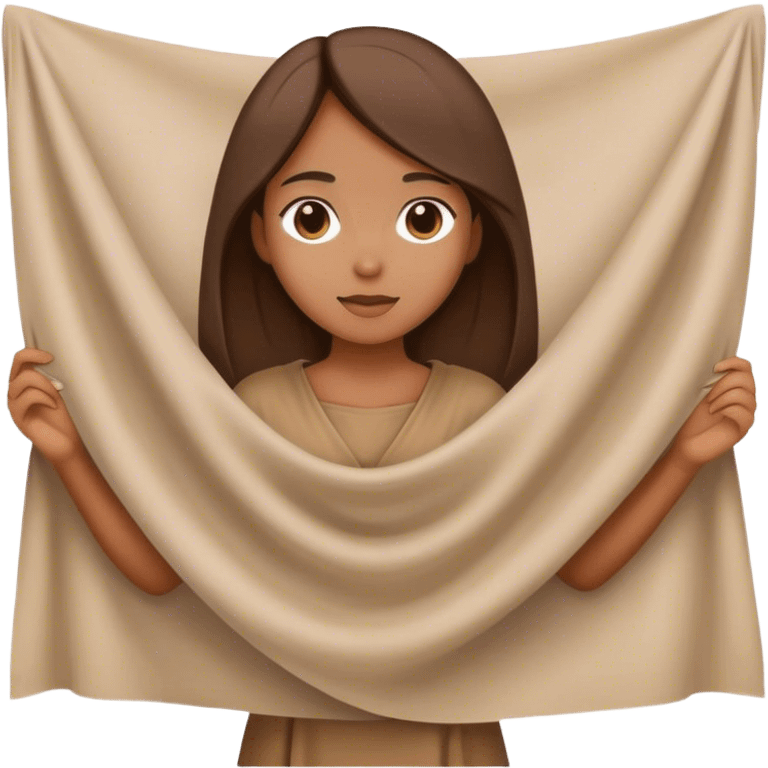 girl in brown tunic holding a large white piece of cloth emoji