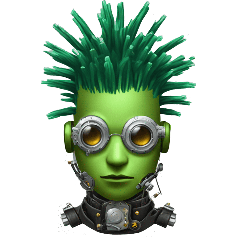 Green Mohawk hair male cyborg head with white steampunk goggles and circuits emoji