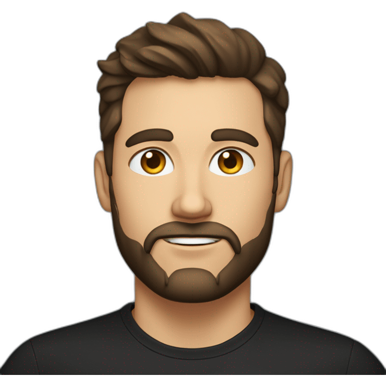 White man with a sun kissed tan, blue eyes and dark brown hair, styled sideways backwards. He has a beard and mustache trimmed. Wears s black t-shirt. emoji