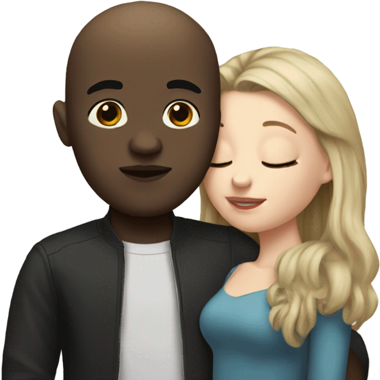 White girl dark hair kissing bald half black man emoji