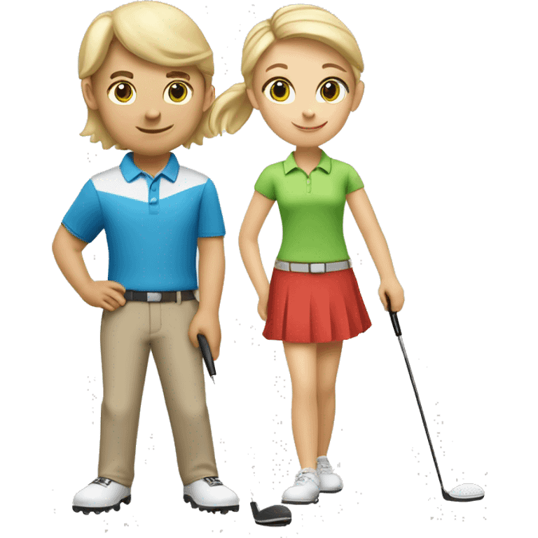 Blonde Caucasian little boy and brunette Caucasian little girl golfing with blonde golf coach emoji