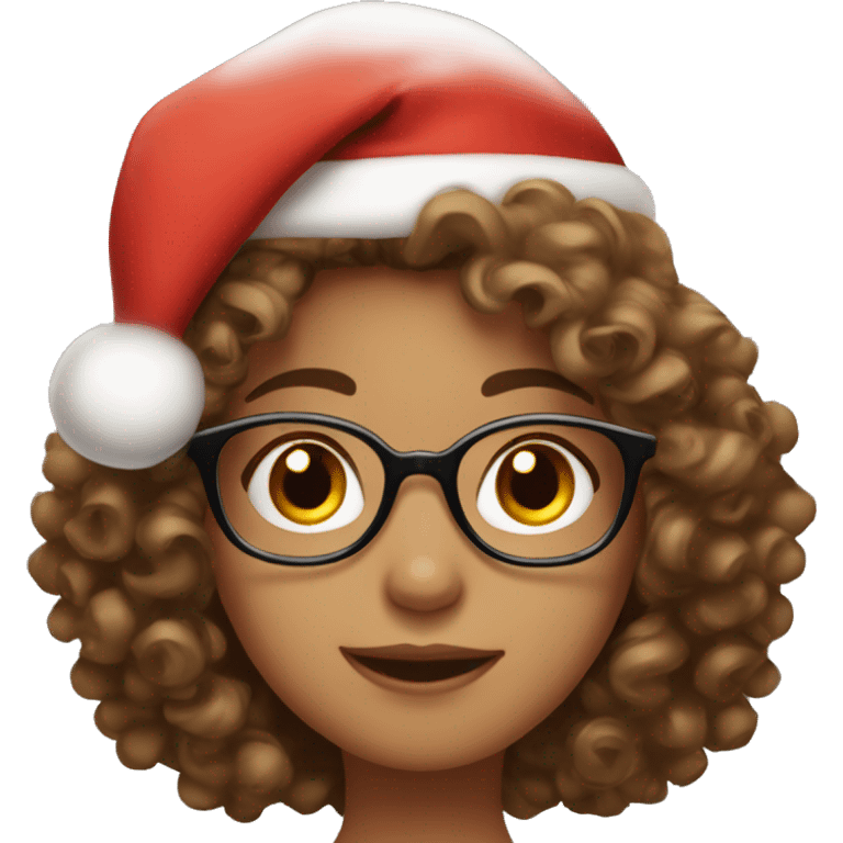 christmas girl with brown, large and curly hair, brown eyes, wearing glasses and a santa's hat emoji