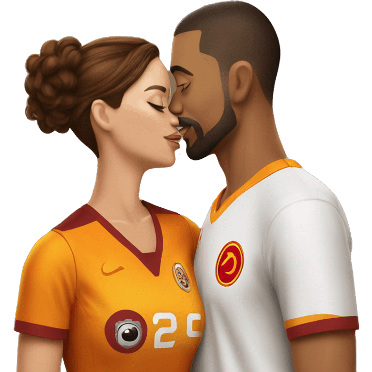 A brunette woman with a brown-haired man who has a goatee and shaved sides are kissing each other while wearing Galatasaray jerseys. emoji