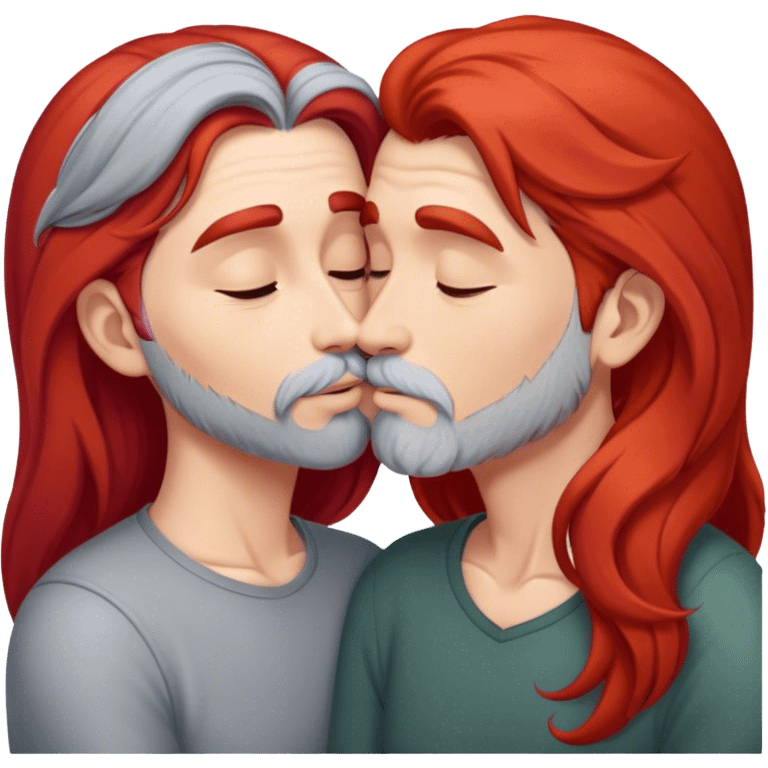 Long red hair woman kissing man with short gray hair and facial hair emoji