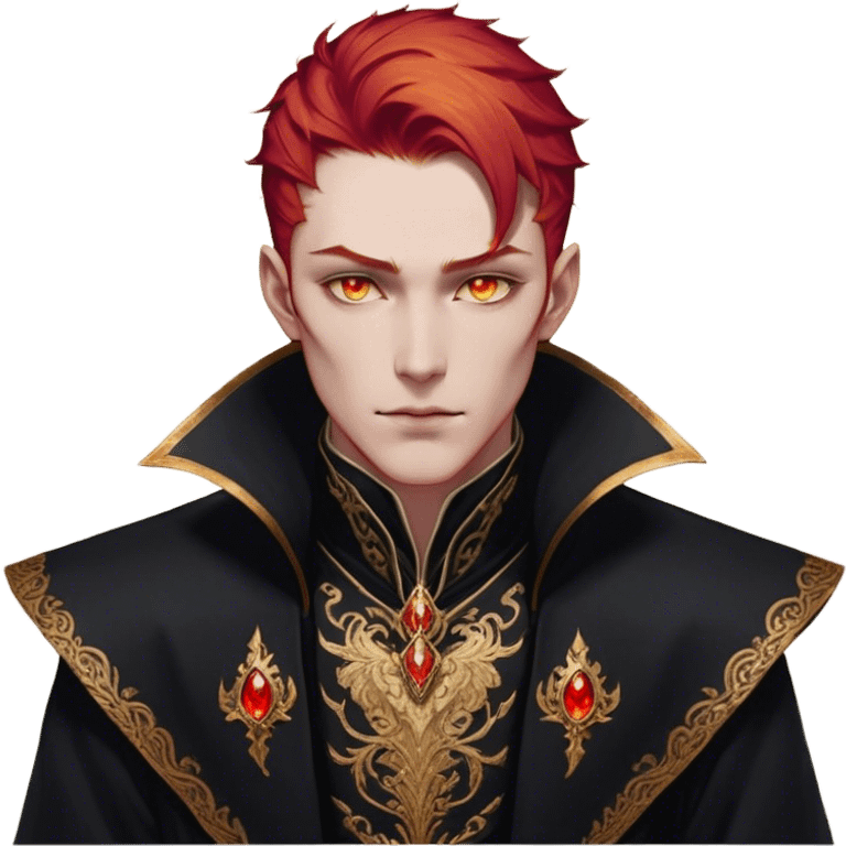 A tall and strikingly elegant High Fae male with fiery red hair, his golden eyes gleaming with cunning intelligence. He wears a luxurious black coat trimmed with copper embroidery, the fabric lined with fine gold stitching. His posture is relaxed yet calculated, his expression unreadable—except for the ghost of an arrogant smirk playing at his lips emoji