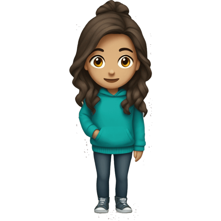 teenage girl, hispanic, long brown hair, brown eyes, teal sweater, winter emoji