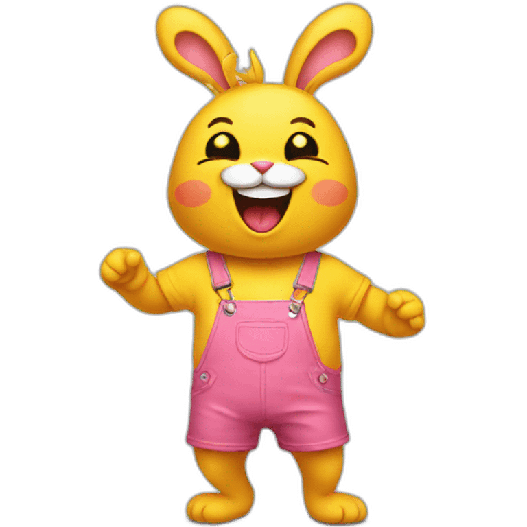 Pink rabbit wearing yellow tee shirt, laughing emoji