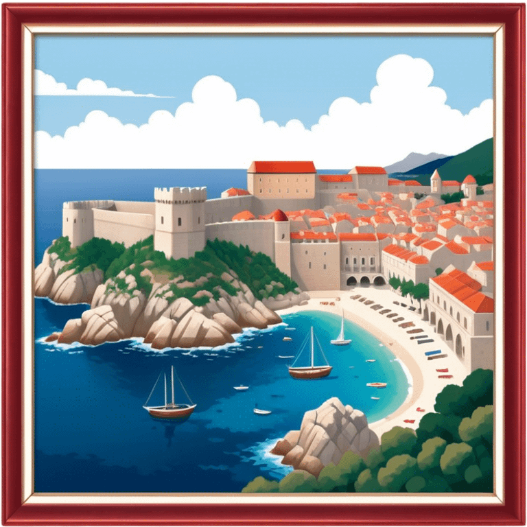 Cinematic Realistic aerial view of the historic city of Dubrovnik, showcasing its iconic red-roofed architecture, fortified walls, and sparkling Adriatic coastline, rendered with rich textures and warm Mediterranean lighting that captures its old-world charm. emoji