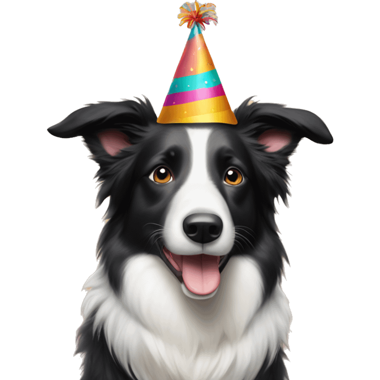 A  happy Australian Border Collie with a half-black, half-white face wearing a Birthday Party Hat.  emoji