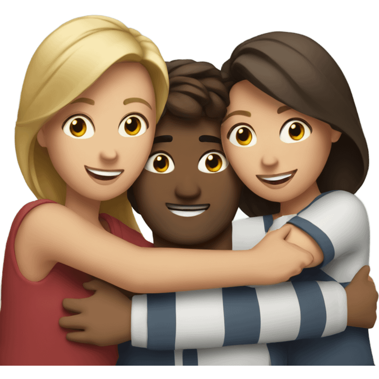 Two brunette women hugging a man emoji