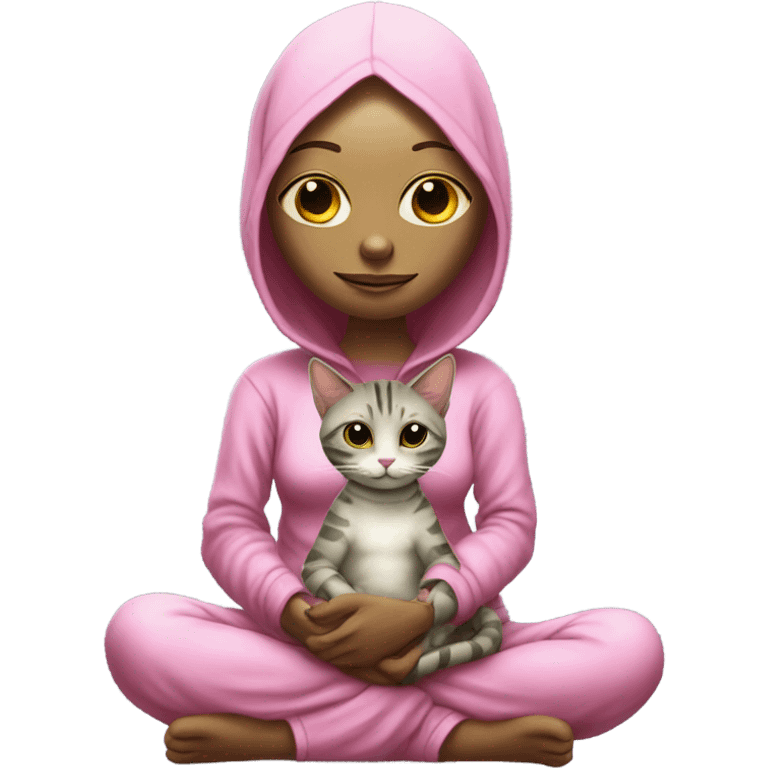 Reptilian alien woman,in meditation, in pink pajamas, hugs a tabby cat emoji