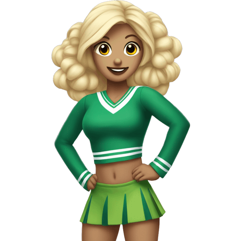 blonde cheerleader wearing green only uniform holding pink pompoms that looks like chrissy chlapecka emoji