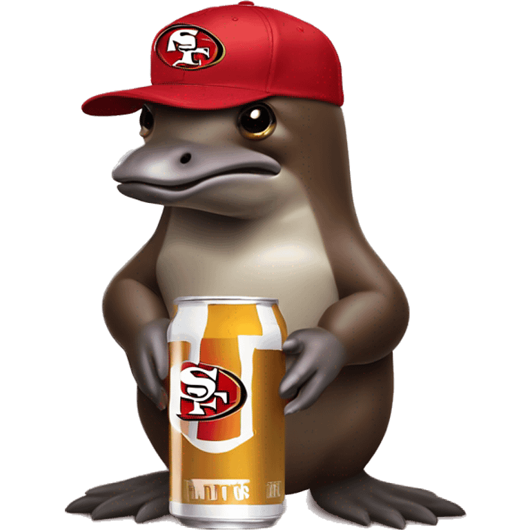 platypus in a 49ers cap holding a white beer can emoji