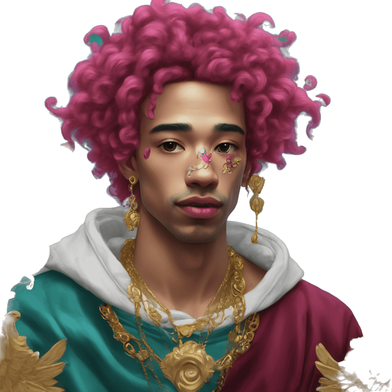 Vintage painting swirls gold jewellery baroque raven wings angel tropical Deep pink maroon burgundy cyan dark hoodie man vitiligo dyed hair gold piercings nose piercing ear piercings emoji