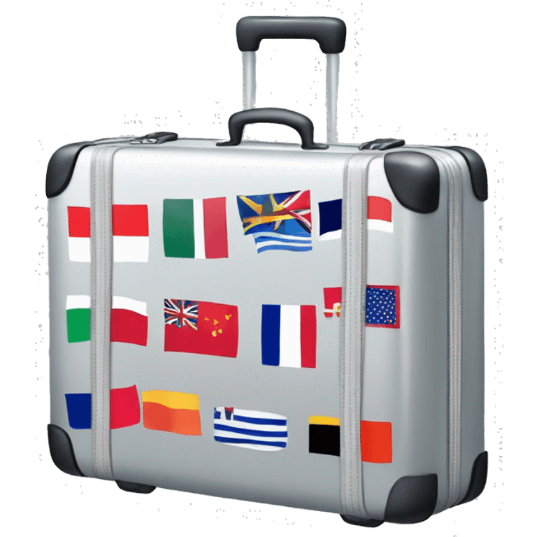 A silver suitcase with stickers from different countries emoji