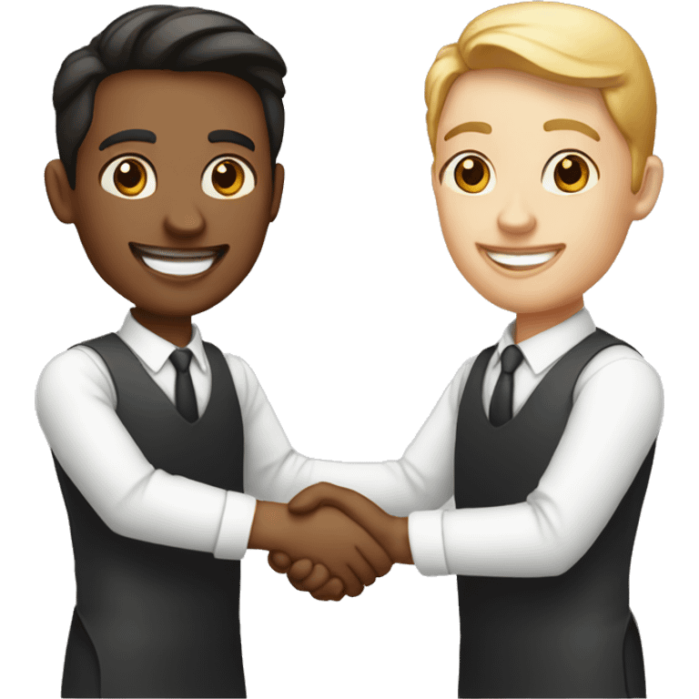 restaurant owner and blogger shaking hands, both with fair skin, in great detail emoji