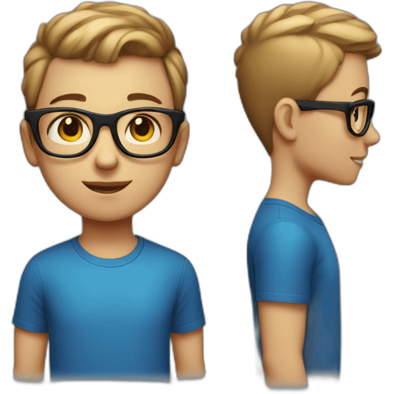 white young boy with blue glasses, short hair, shaven on both sides, and black t-shirt with red and black squared shirt on top emoji