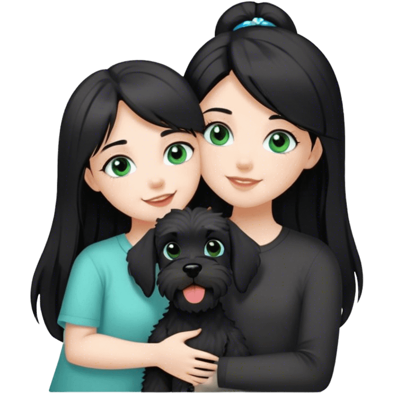 pale girl with light green blue eyes and long black hair wearing black shirt kissing schnauzer holding smiling black schnauzer  emoji