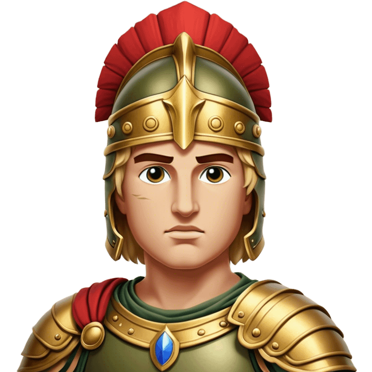 Cinematic Realistic Alexander the Great Portrait Emoji, depicted as a bold, charismatic ancient conqueror in regal armor with a commanding gaze, rendered with lifelike textures and dramatic heroic lighting that captures his legendary ambition. emoji