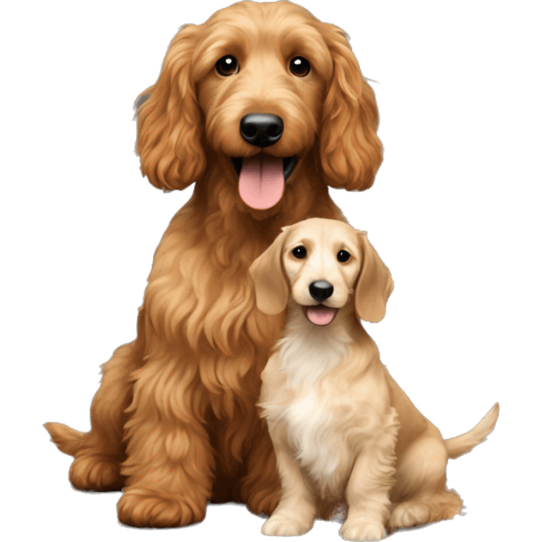 Brown golden doodle and black and tan and cream longhair dachshund sitting together  emoji