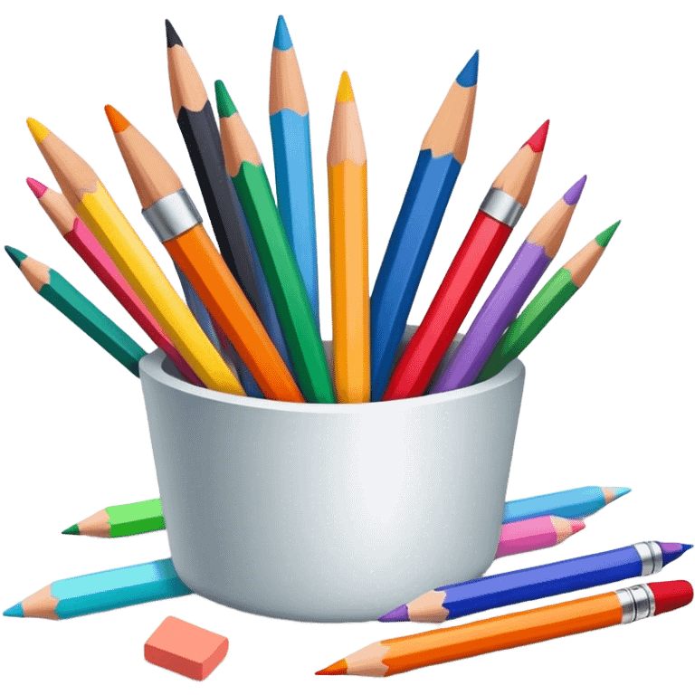 Drawing tools, colored pencils, brushes, markers, pastels, sketching, artistic tools scattered, vibrant colors, clean lines, minimalistic, on a white background, no extra details. emoji