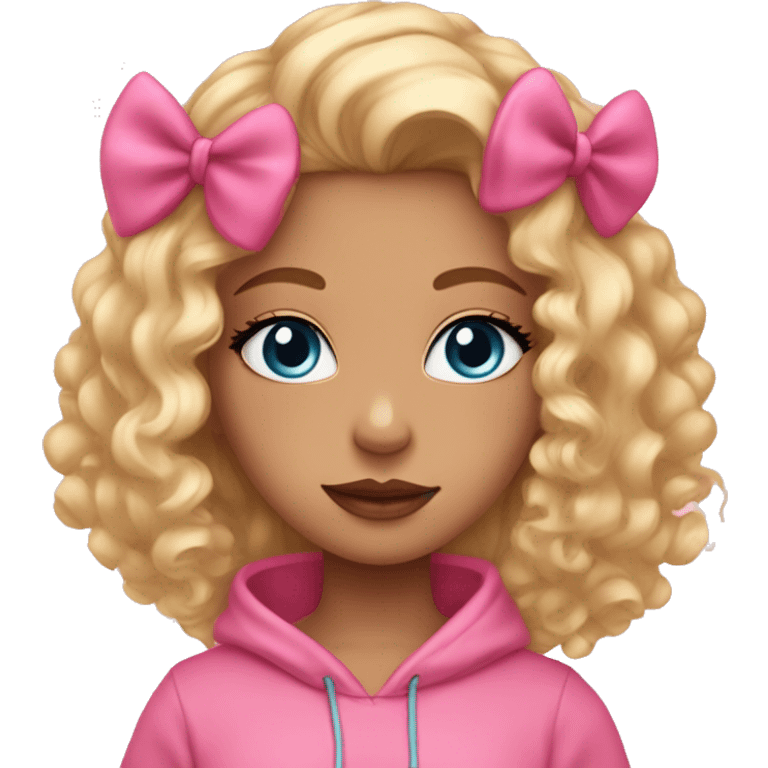 Cute girl with blonde curly hair with a pink bow in her hair and a pink hoodie, blue eyes lip gloss on and long lashes emoji