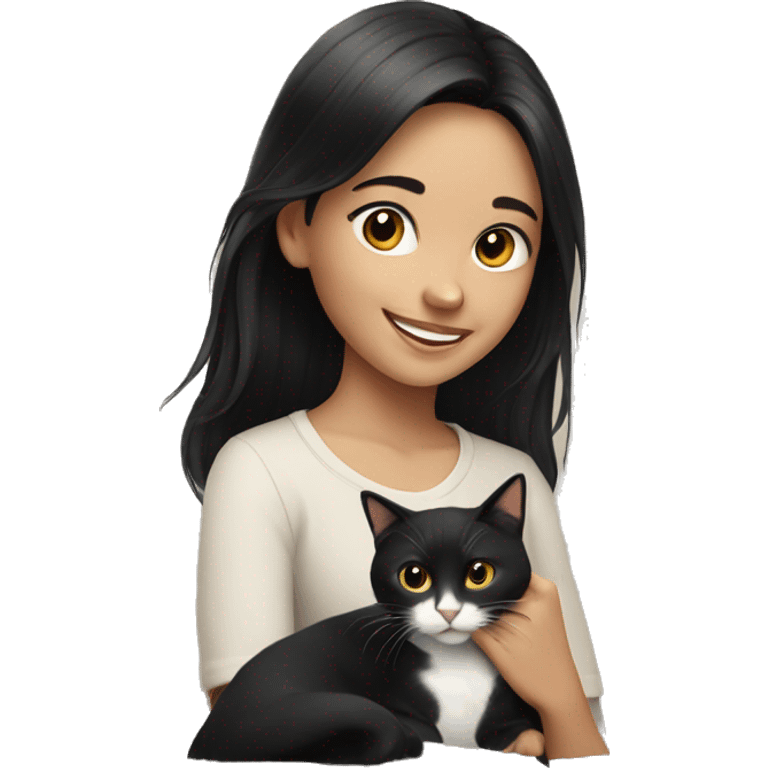 smiling girl with black hair with a cat emoji