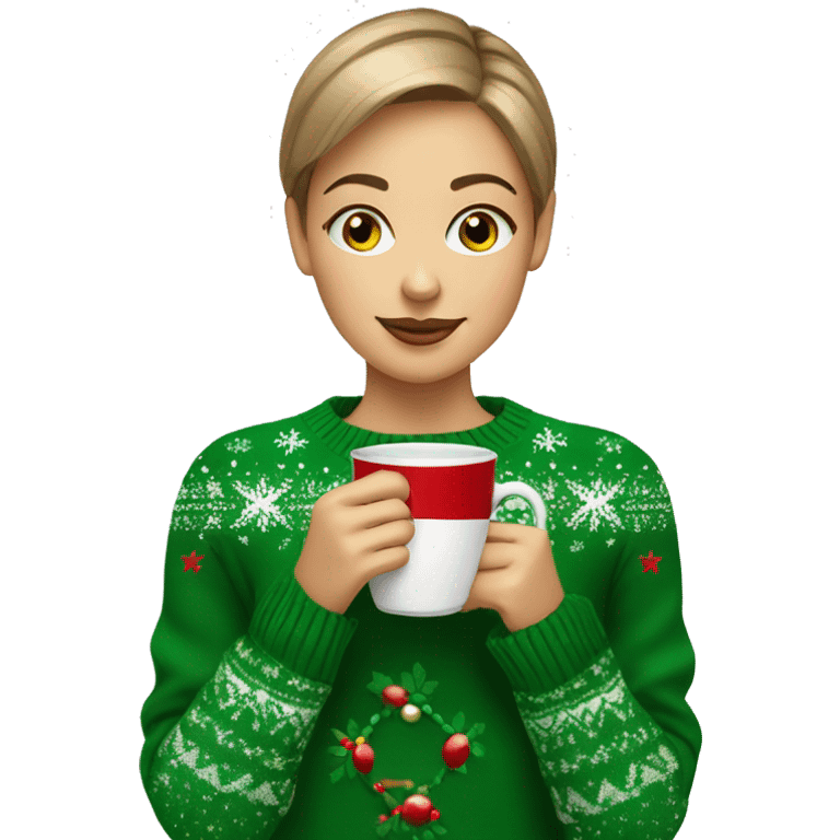 Light brown short haired girl with green eyes drinking coffee wearing Christmas sweater emoji