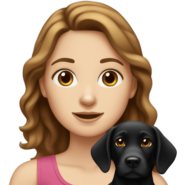 White girl with wavy brown hair holding a black Labrador emoji