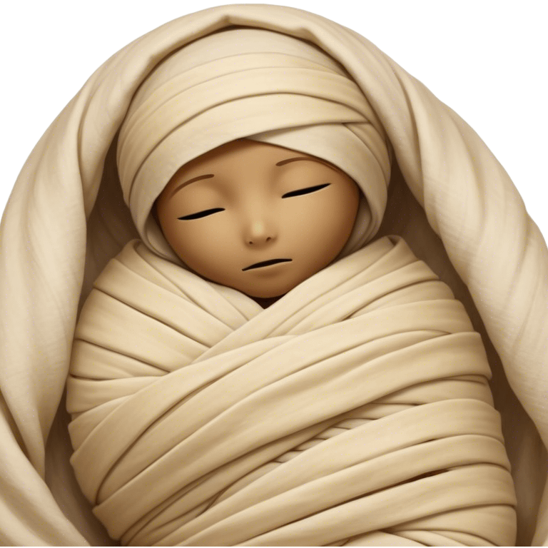 A snug, cozily wrapped mummy, fully encased in soft, slightly loose bandages, even its face gently hidden behind folds with only a tiny glimpse of sleepy eyes, nestled in warm, faded tones with gentle golden accents, simplified yet irresistibly charming, highly detailed with a soft glowing outline capturing the peaceful aura of an ancient being drifting into rest! emoji