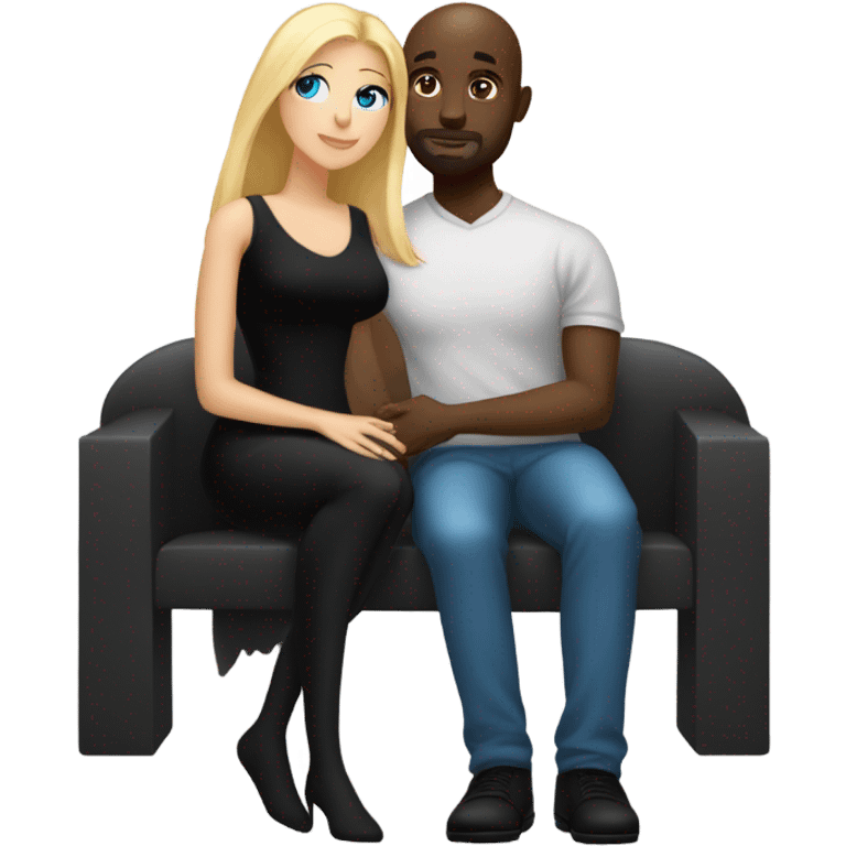 Blonde woman with blue eyes and long straight hair wearing a short black dress and a black man who is bald with a goatee seated together on a sofa enjoying a loving kiss.   emoji