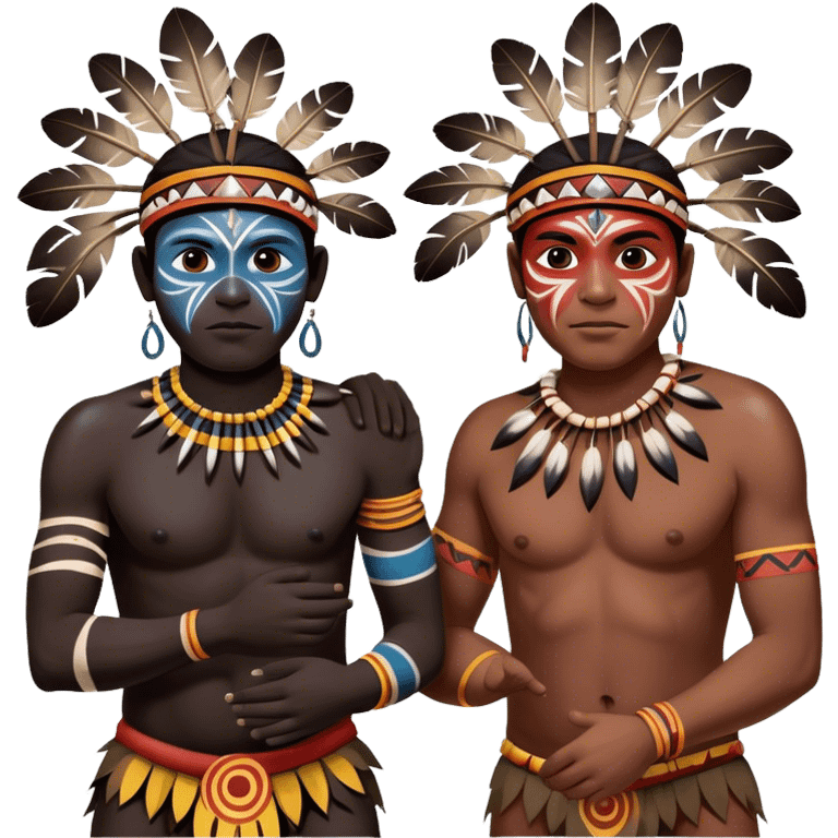 Cinematic Realistic scene of two indigenous male aboriginals performing an Aboriginal Corroboree, adorned in traditional body paint, A corroboree is an Australian Aboriginal ceremonial meeting. It usually includes celebration of Aboriginal mythology and spirituality, which is based in the Dreaming emoji