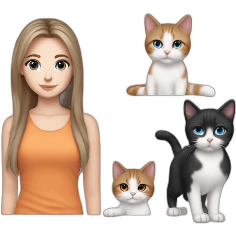 white girl with brown hair curtain bangs blue eyes holding 1 grey and white cat and 1 black and orange cat emoji