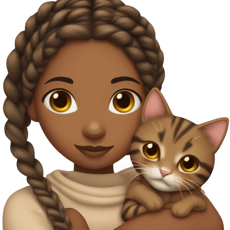 black girl with box braids girl snuggling brown tabby cat emoji