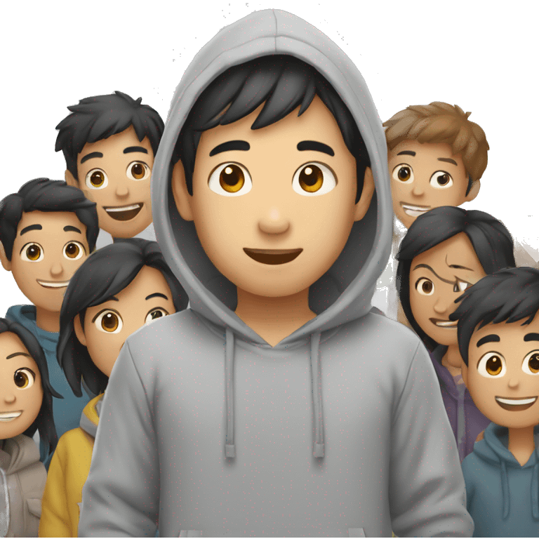 asian boy in grey hoodie and multiple friends waving emoji