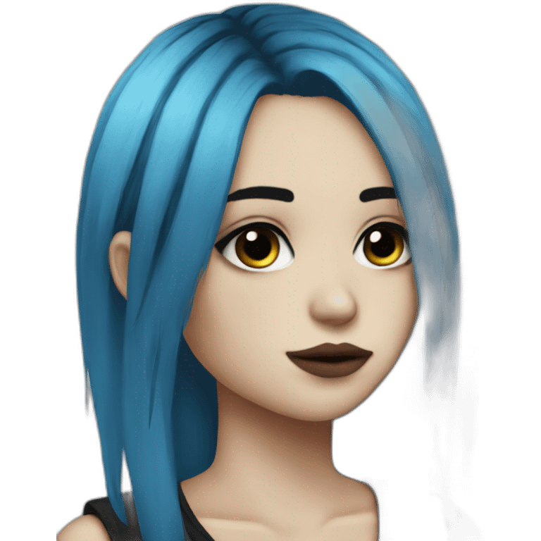 realistic emo girl, black makeup, long choppy blue hair side bangs emoji