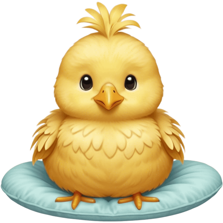 Cinematic round fluffy chick, golden yellow, tiny beak and feet, soft downy feathers, sparkling gentle eyes, sitting on a pastel-colored cushion, radiating warmth and sweetness. emoji