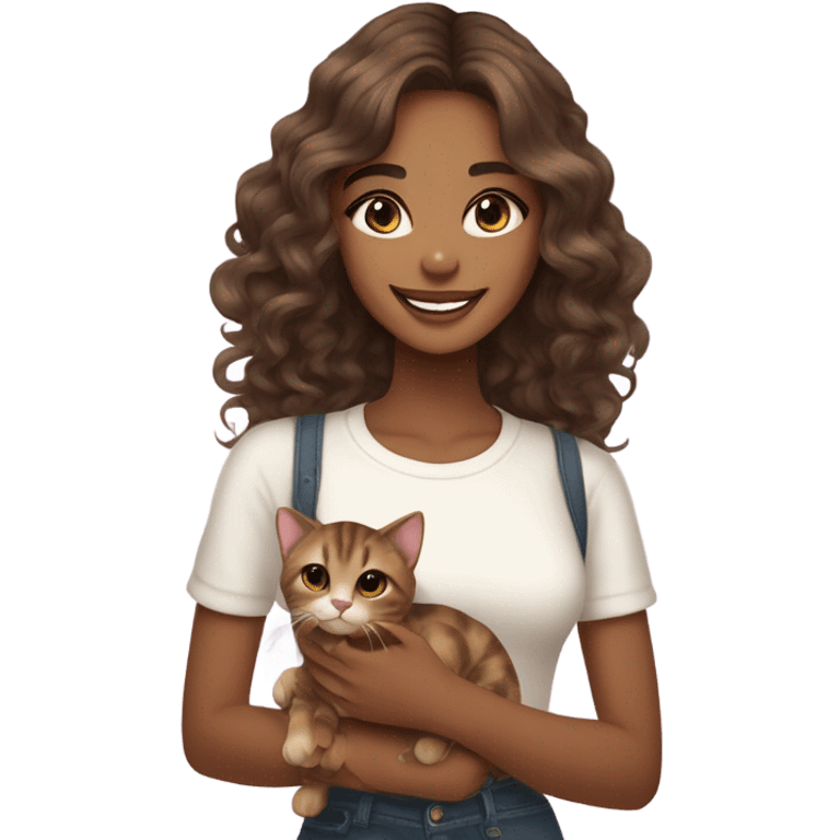 "Young woman with medium brown skin tone, long wavy hair, big sparkling eyes, a radiant smile, wearing a stylish outfit, holding a cute cat, and looking very beautiful and adorable." emoji