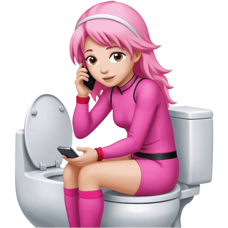 Long Pink haired female Jockey sat on the toilet with her mobile phone  emoji