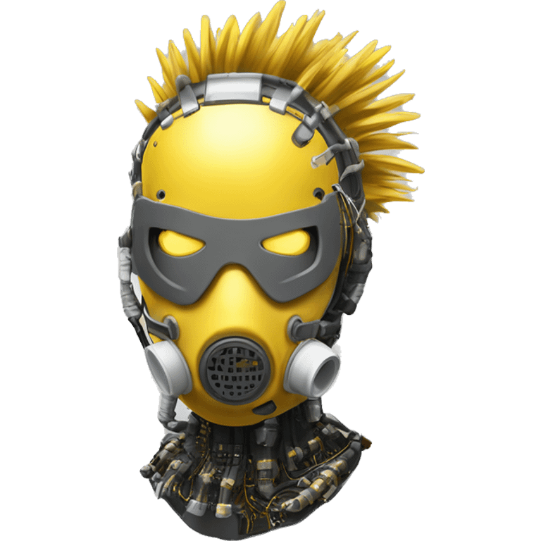 Dark yellow Mohawk female cyborg head with white respirator mask and circuits emoji