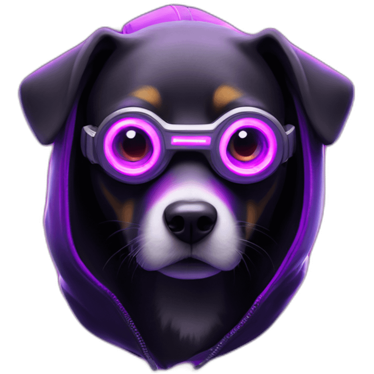 Russian dog wearing a black hoodie with "OMG" letters on it and VR headset in a cyberpunk VR environment with violet neon lighting. emoji