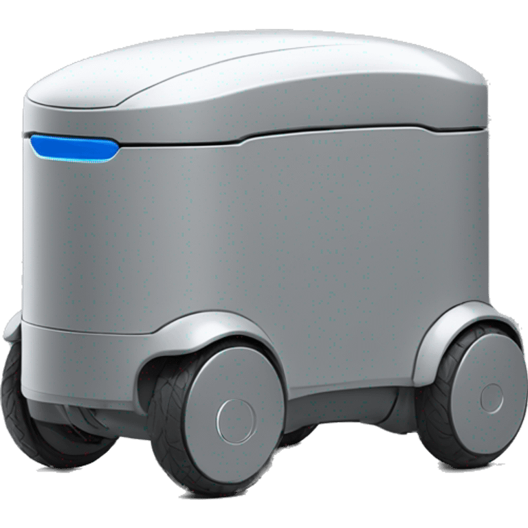 solid horizontal rectangle gray delivery robot with white circle white led eyes and opening lid on 4 wheels, minimalistic design, only rectangle emoji