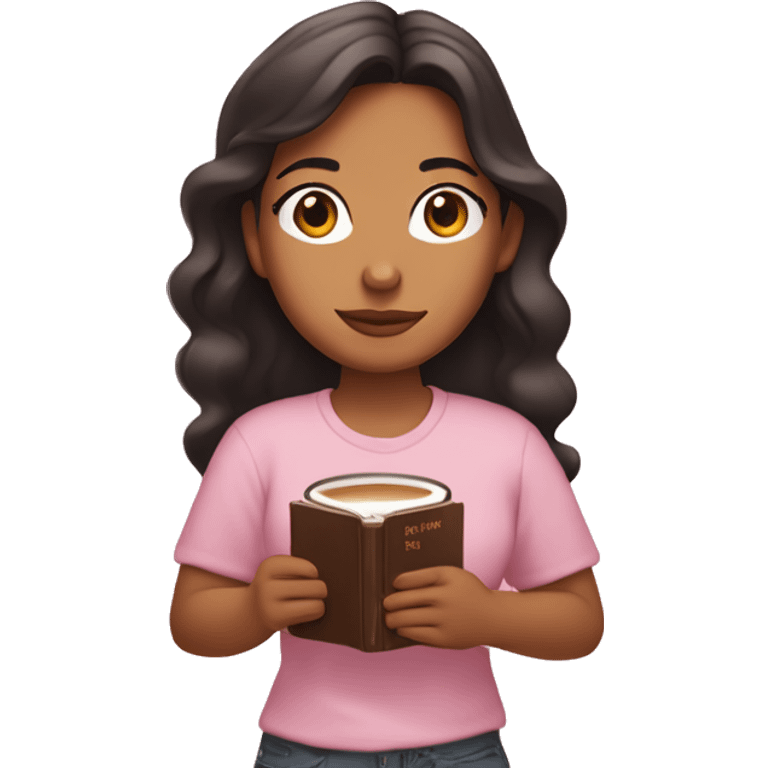 Latina girl holding a light pink Bible with a Christian cross on the cover in one hand and a coffee in the other hand emoji